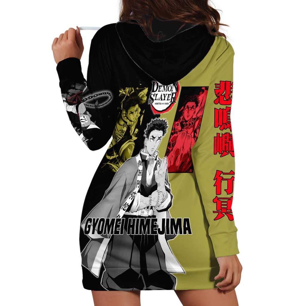 Gyomei Himejima from Demon Slayer Hoodie Dress with Olive and Black Split Background and Prayer Pose Manga Style Design - The Mazicc