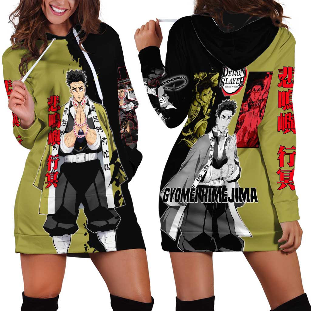 Gyomei Himejima from Demon Slayer Hoodie Dress with Olive and Black Split Background and Prayer Pose Manga Style Design - The Mazicc