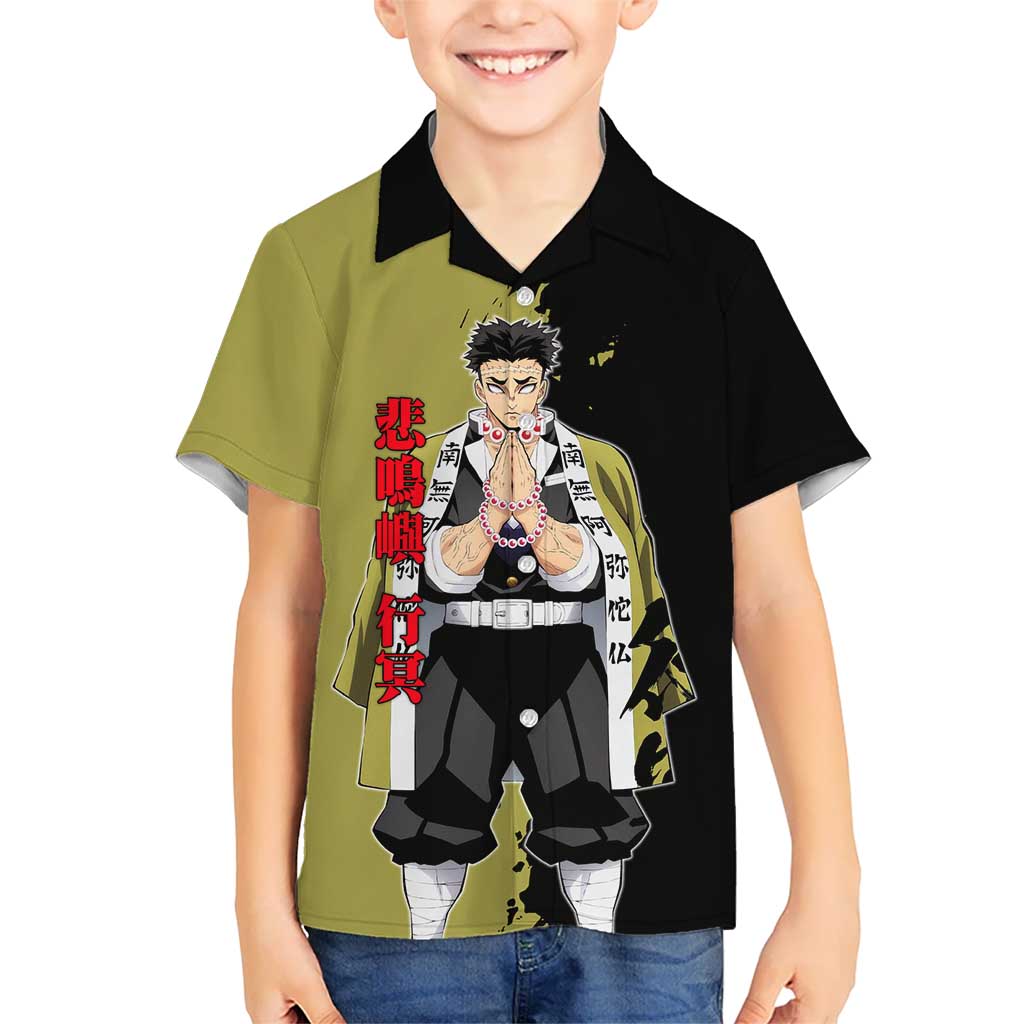 Gyomei Himejima from Demon Slayer Kid Hawaiian Shirt with Olive and Black Split Background and Prayer Pose Manga Style Design - The Mazicc