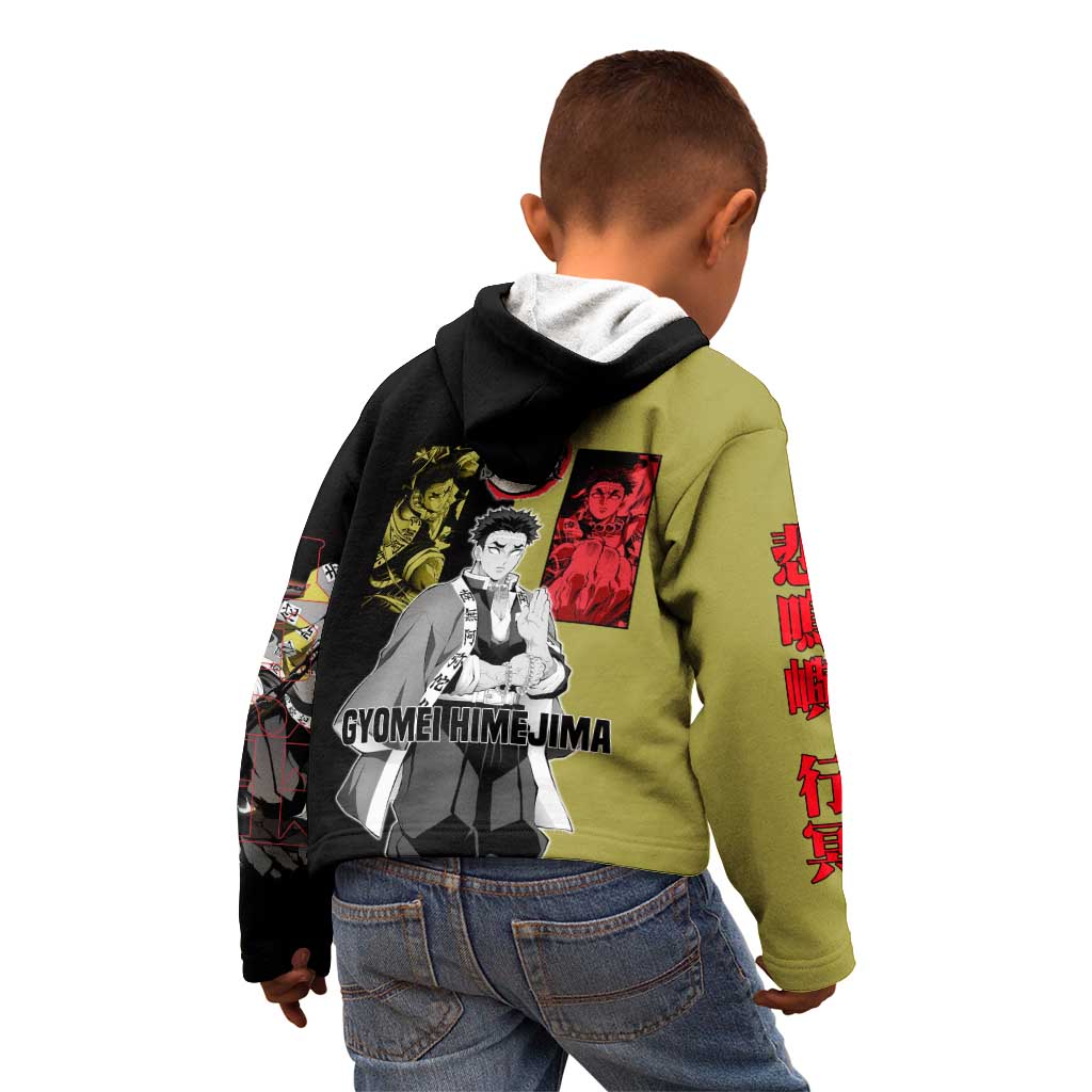 Gyomei Himejima from Demon Slayer Kid Hoodie with Olive and Black Split Background and Prayer Pose Manga Style Design - The Mazicc