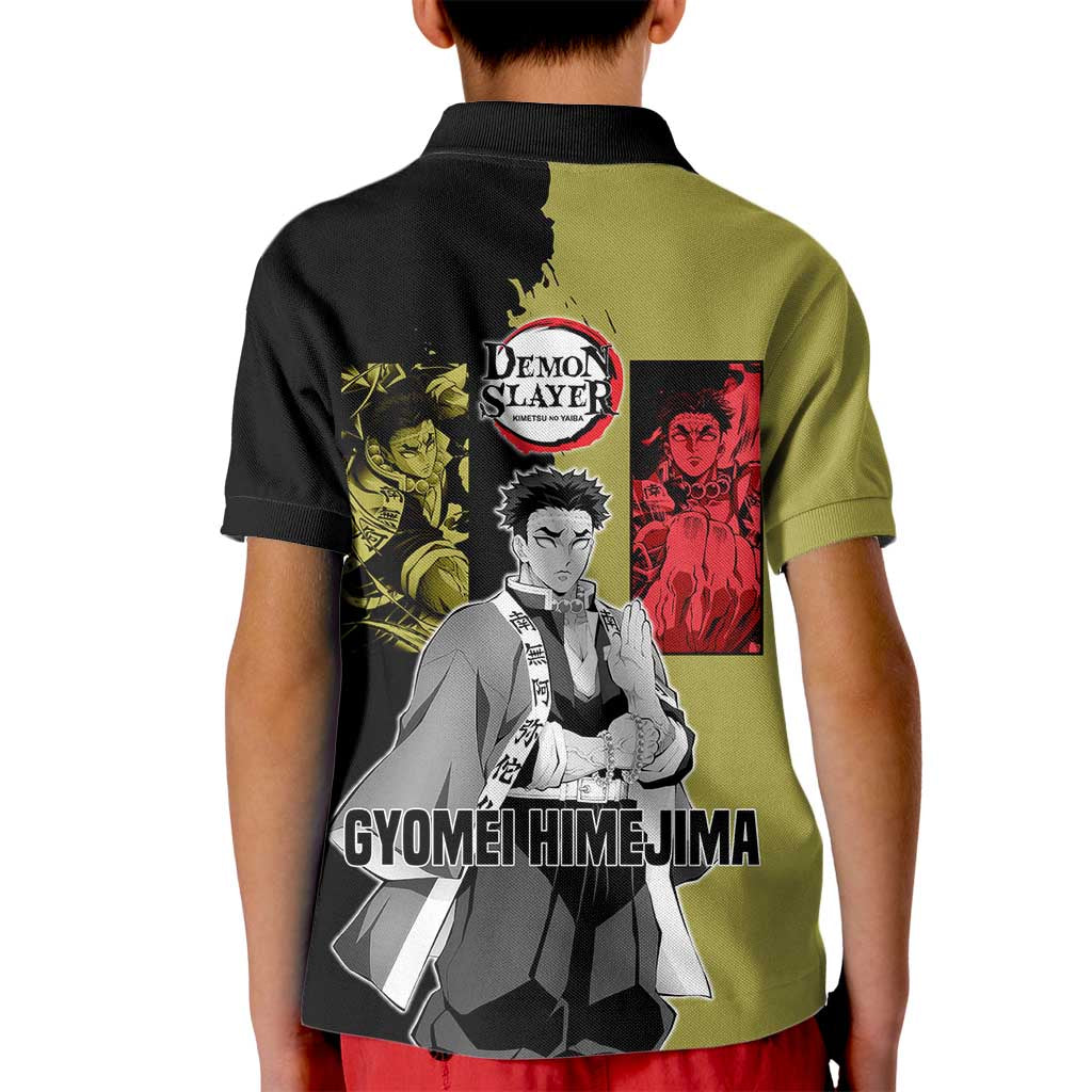 Gyomei Himejima from Demon Slayer Kid Polo Shirt with Olive and Black Split Background and Prayer Pose Manga Style Design - The Mazicc