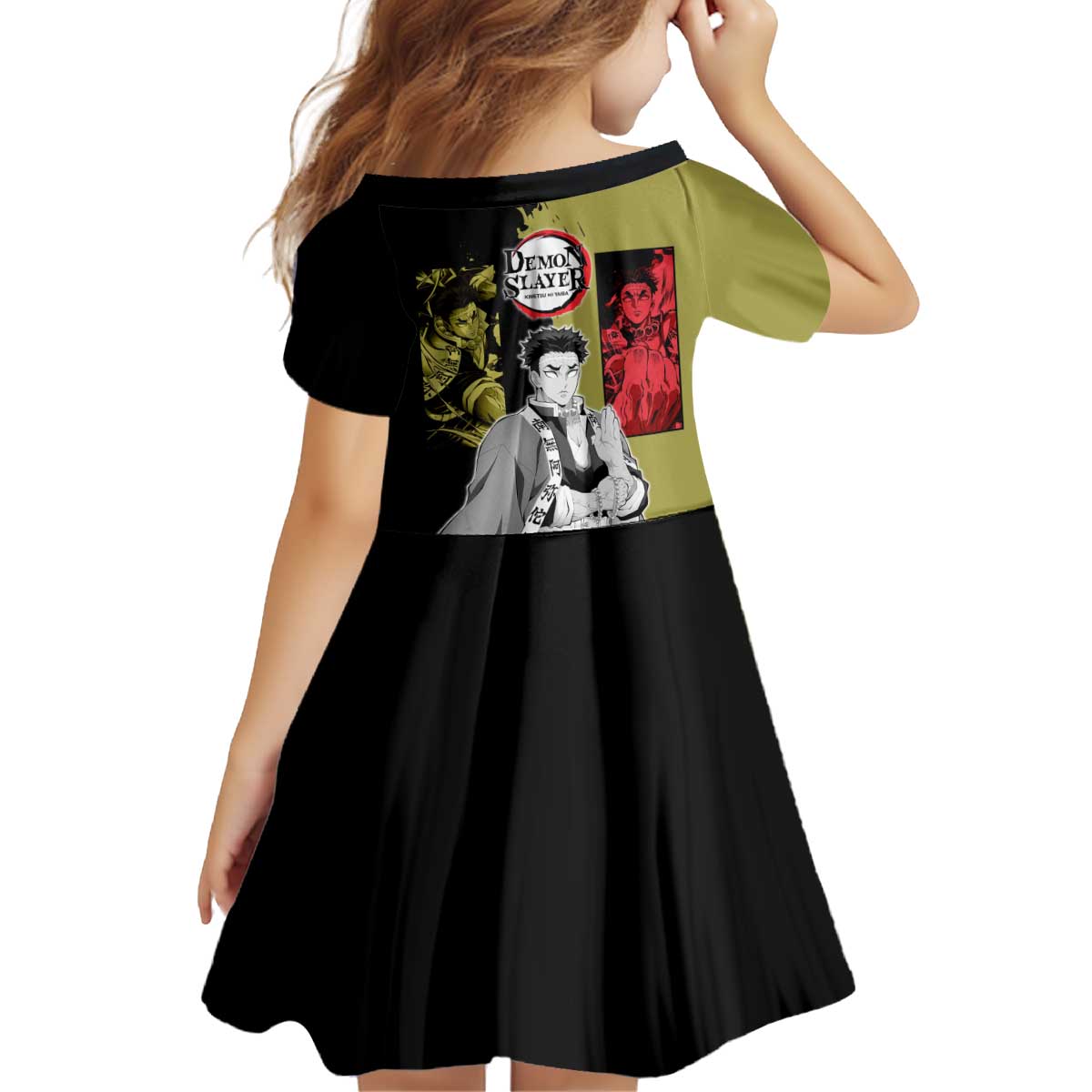 Gyomei Himejima from Demon Slayer Kid Short Sleeve Dress with Olive and Black Split Background and Prayer Pose Manga Style Design - The Mazicc