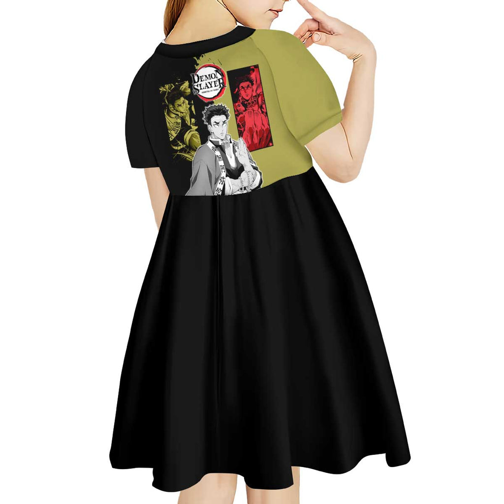 Gyomei Himejima from Demon Slayer Kid Short Sleeve Dress with Olive and Black Split Background and Prayer Pose Manga Style Design - The Mazicc