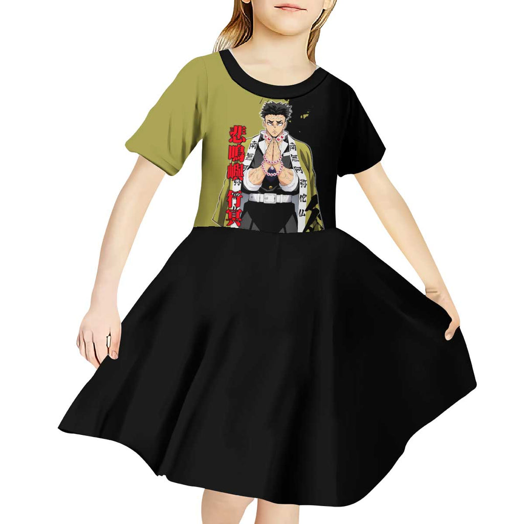 Gyomei Himejima from Demon Slayer Kid Short Sleeve Dress with Olive and Black Split Background and Prayer Pose Manga Style Design - The Mazicc