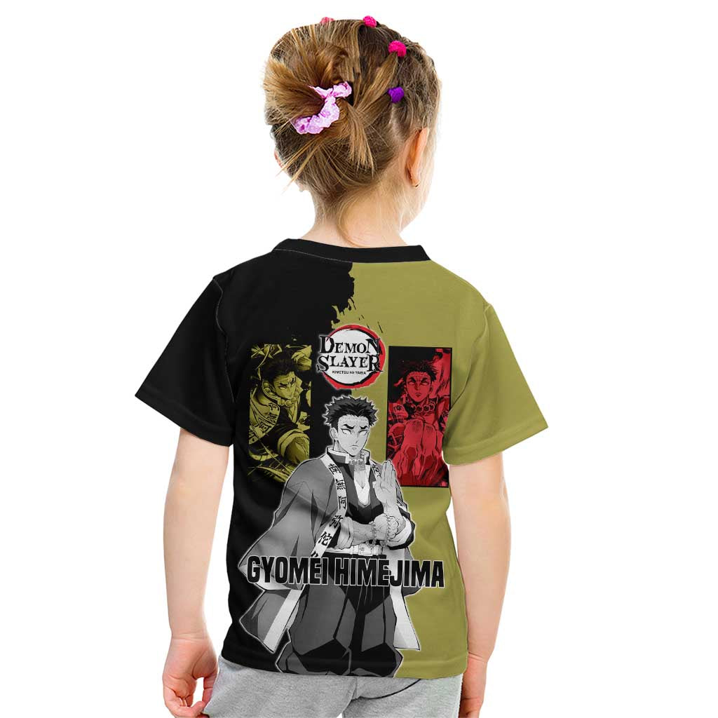 Gyomei Himejima from Demon Slayer Kid T Shirt with Olive and Black Split Background and Prayer Pose Manga Style Design - The Mazicc