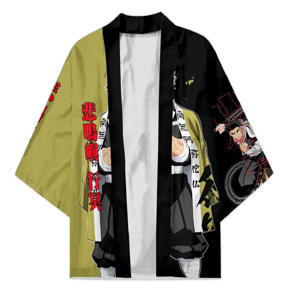 Gyomei Himejima from Demon Slayer Kimono with Olive and Black Split Background and Prayer Pose Manga Style Design - The Mazicc