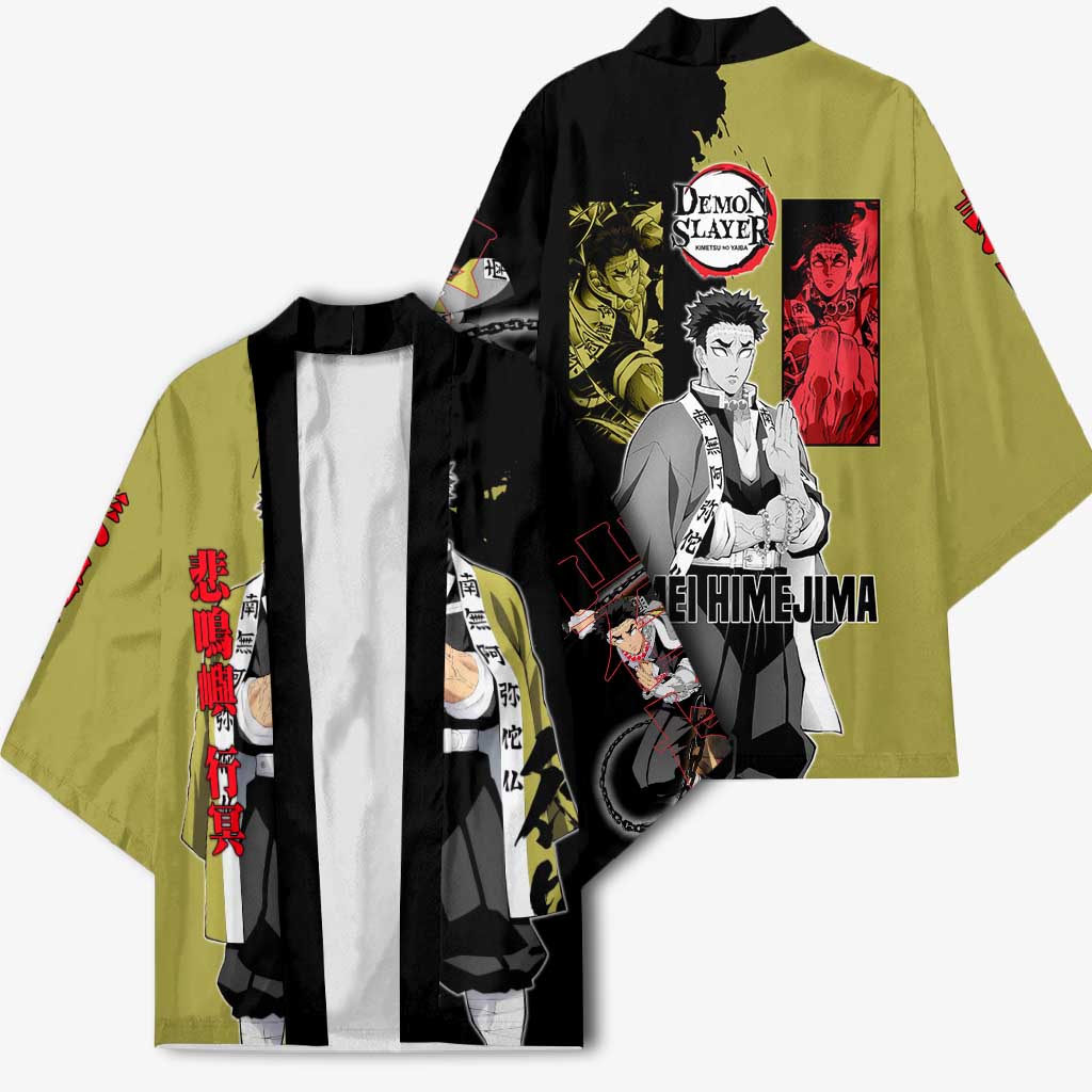 Gyomei Himejima from Demon Slayer Kimono with Olive and Black Split Background and Prayer Pose Manga Style Design - The Mazicc