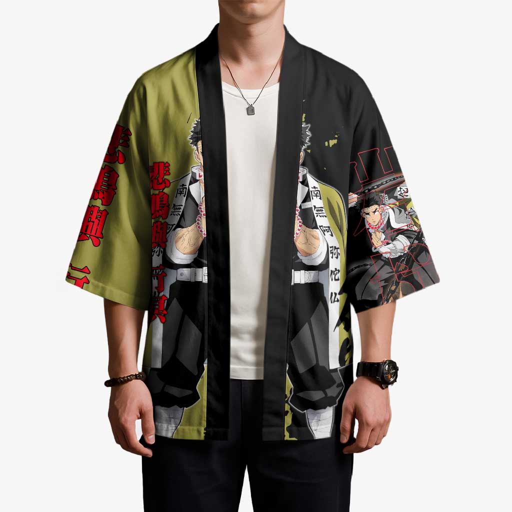 Gyomei Himejima from Demon Slayer Kimono with Olive and Black Split Background and Prayer Pose Manga Style Design - The Mazicc
