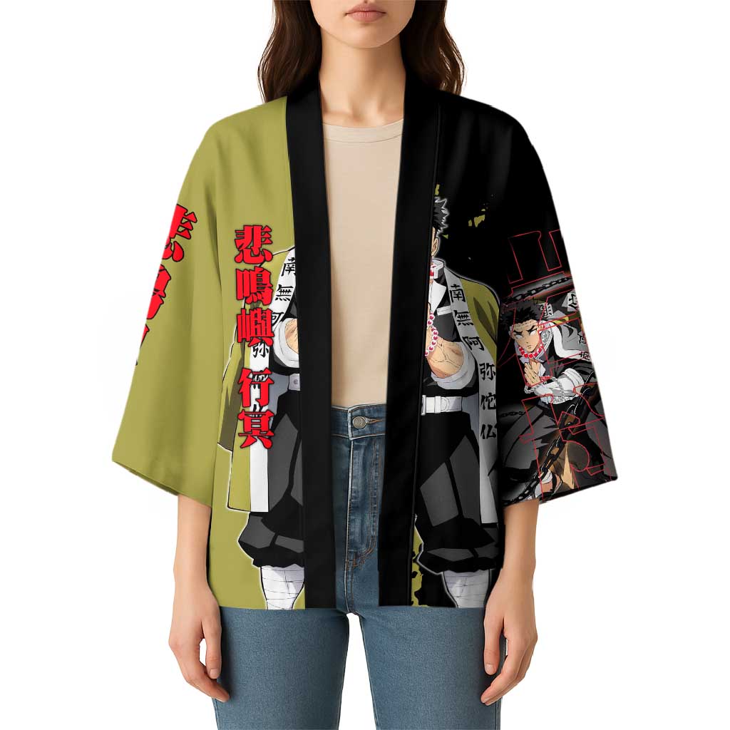 Gyomei Himejima from Demon Slayer Kimono with Olive and Black Split Background and Prayer Pose Manga Style Design - The Mazicc