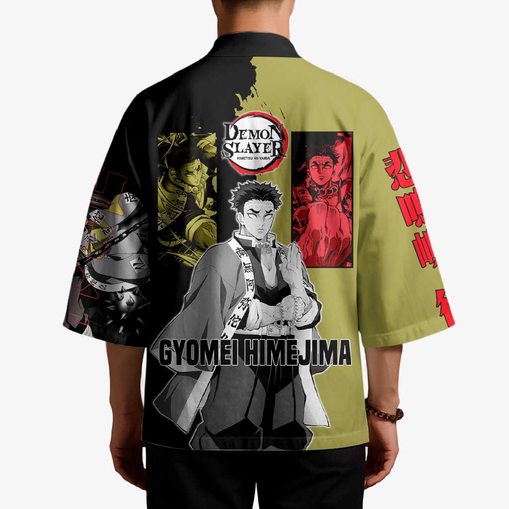 Gyomei Himejima from Demon Slayer Kimono with Olive and Black Split Background and Prayer Pose Manga Style Design - The Mazicc