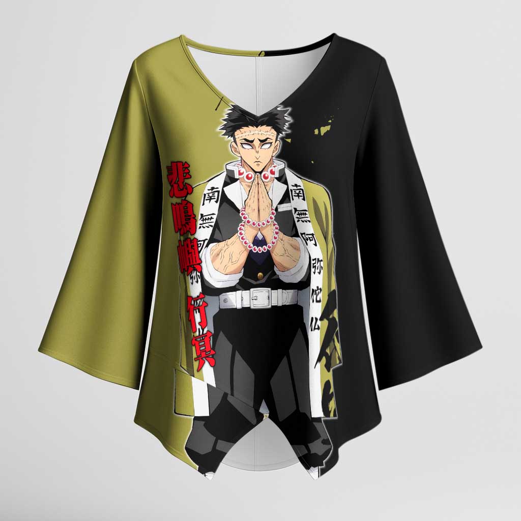 Gyomei Himejima from Demon Slayer Kimono Sleeve Blouse with Olive and Black Split Background and Prayer Pose Manga Style Design - The Mazicc