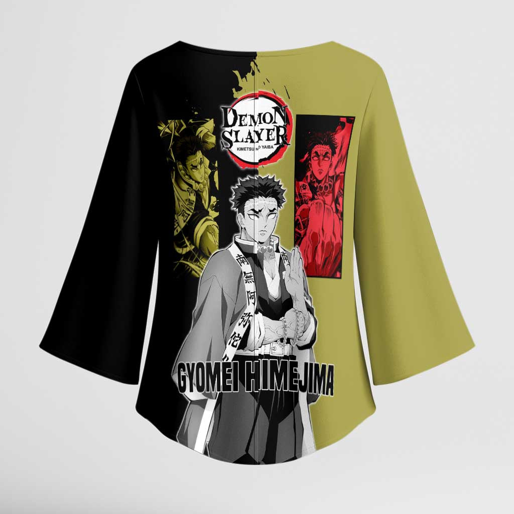 Gyomei Himejima from Demon Slayer Kimono Sleeve Blouse with Olive and Black Split Background and Prayer Pose Manga Style Design - The Mazicc