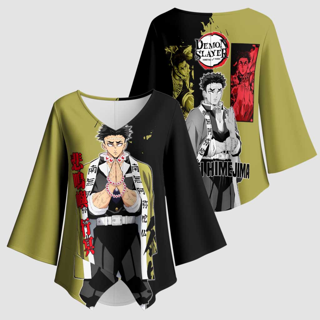 Gyomei Himejima from Demon Slayer Kimono Sleeve Blouse with Olive and Black Split Background and Prayer Pose Manga Style Design - The Mazicc