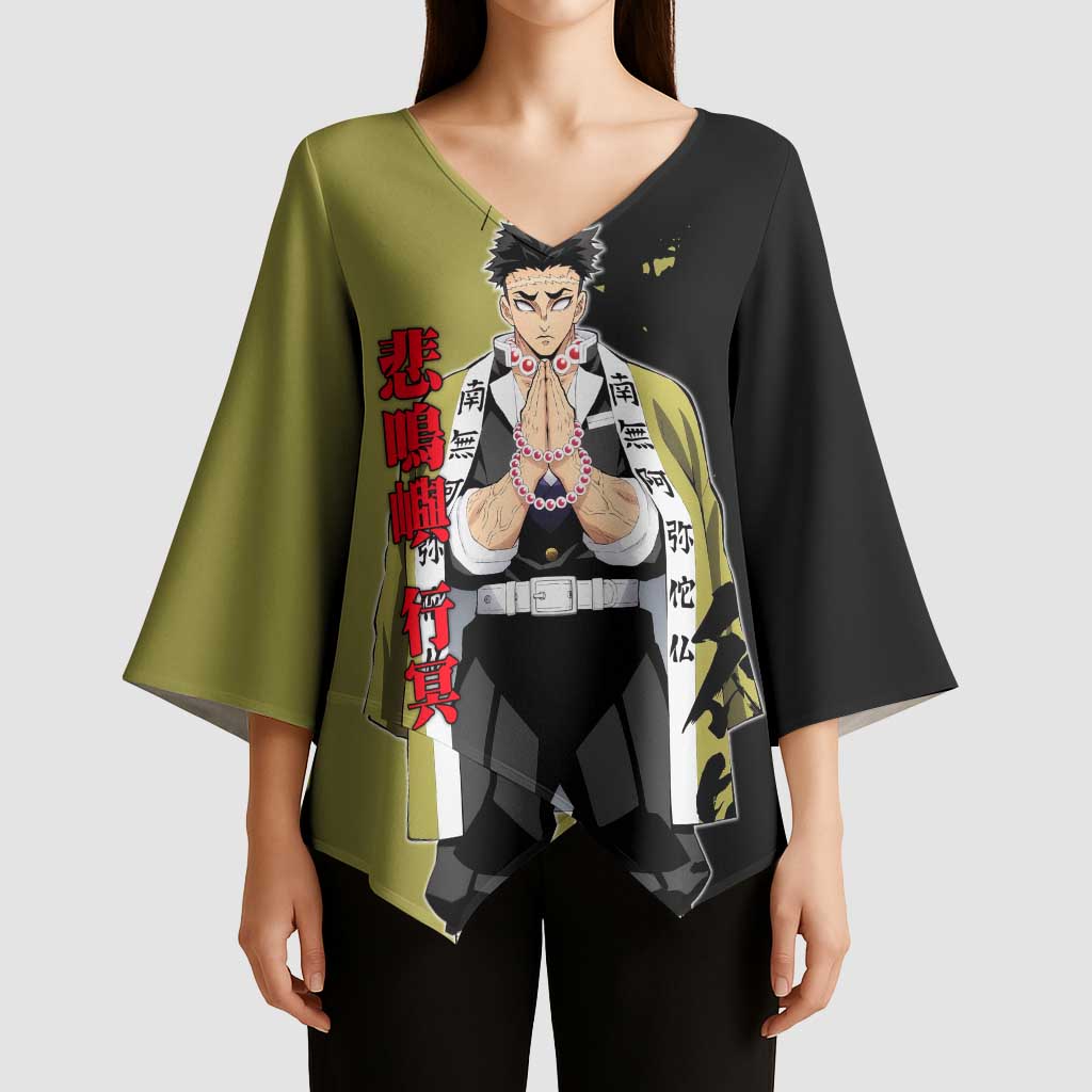 Gyomei Himejima from Demon Slayer Kimono Sleeve Blouse with Olive and Black Split Background and Prayer Pose Manga Style Design - The Mazicc