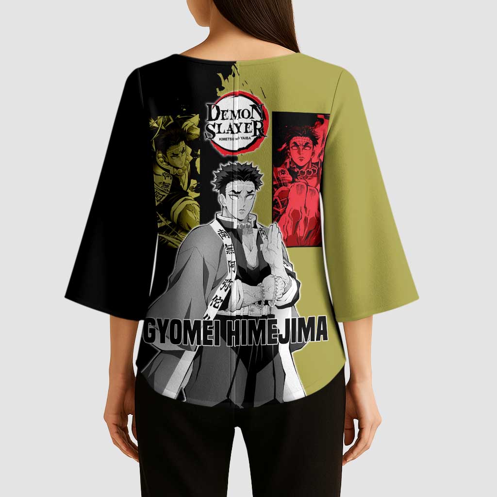 Gyomei Himejima from Demon Slayer Kimono Sleeve Blouse with Olive and Black Split Background and Prayer Pose Manga Style Design - The Mazicc