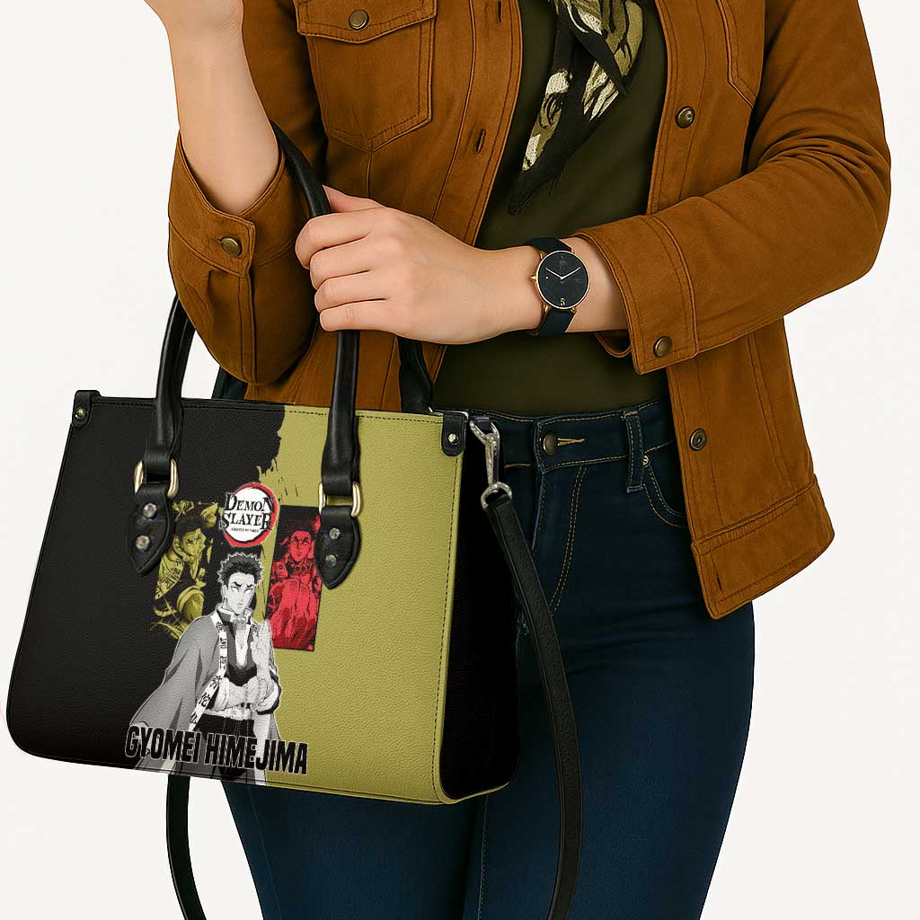 Gyomei Himejima from Demon Slayer Leather Bag with Olive and Black Split Background and Prayer Pose Manga Style Design - The Mazicc