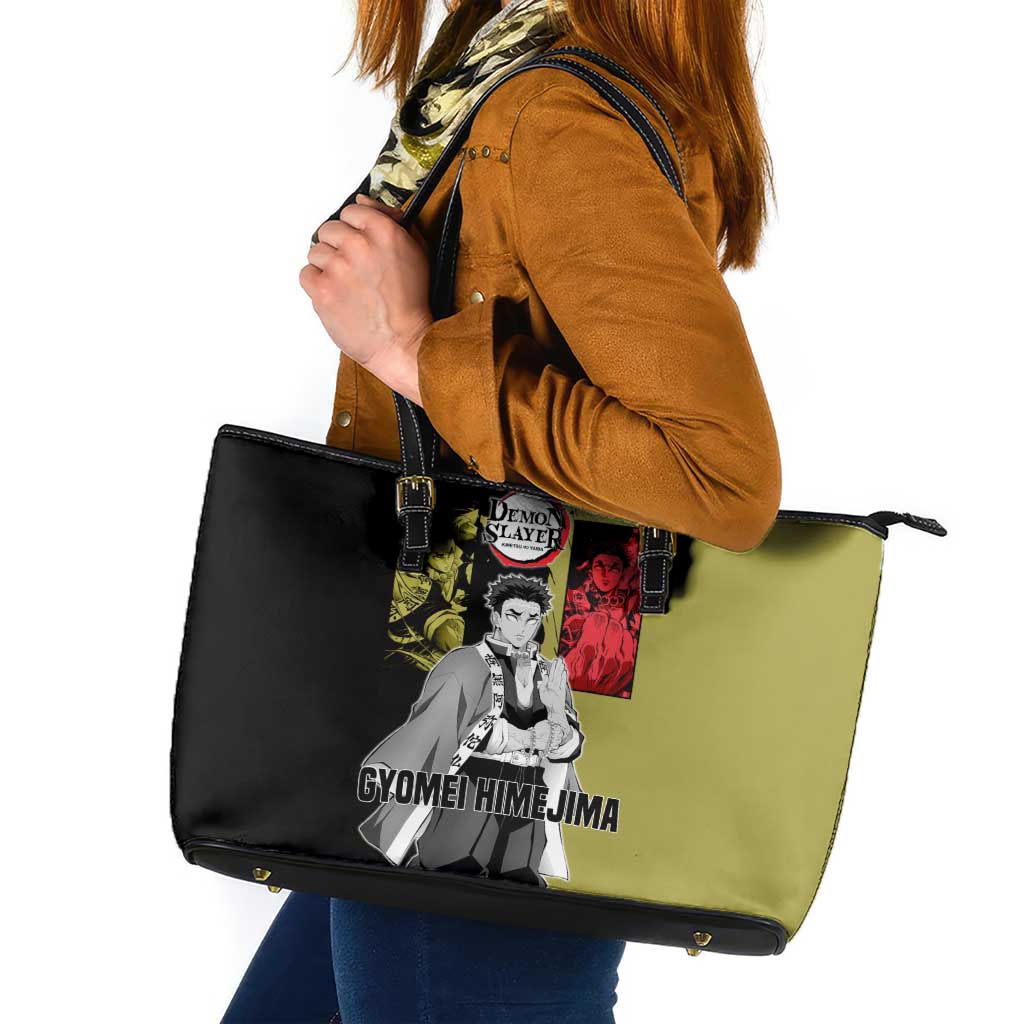 Gyomei Himejima from Demon Slayer Leather Tote Bag with Olive and Black Split Background and Prayer Pose Manga Style Design - The Mazicc