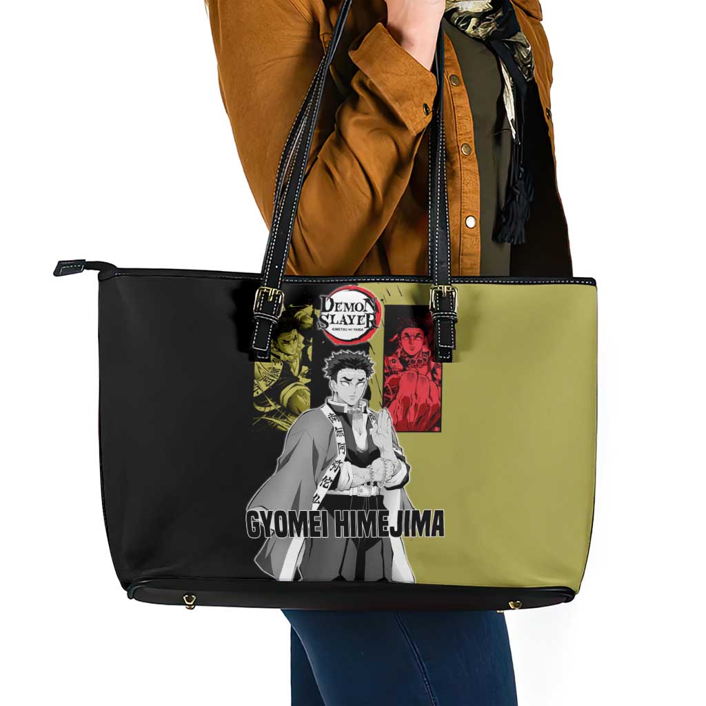 Gyomei Himejima from Demon Slayer Leather Tote Bag with Olive and Black Split Background and Prayer Pose Manga Style Design - The Mazicc