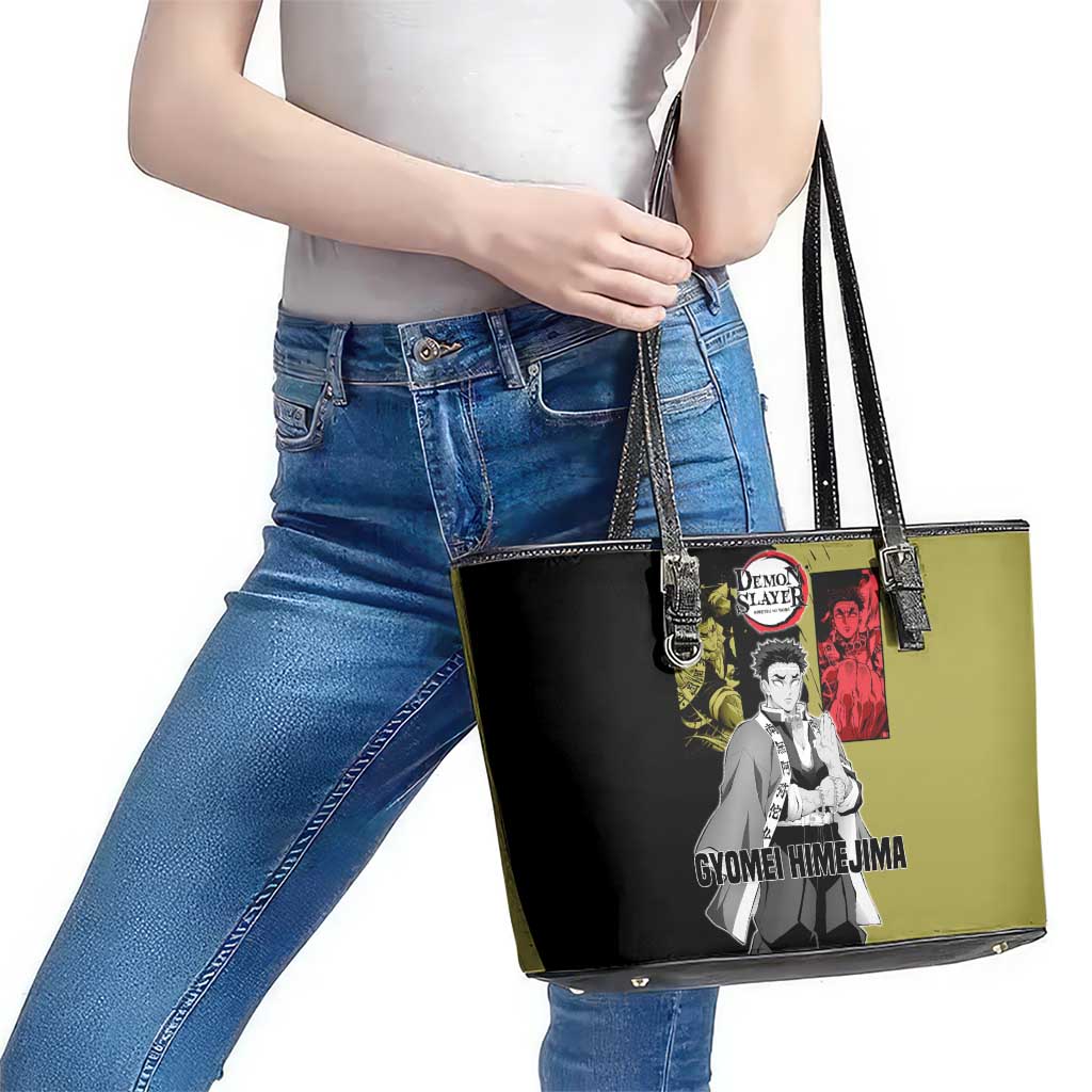 Gyomei Himejima from Demon Slayer Leather Tote Bag with Olive and Black Split Background and Prayer Pose Manga Style Design - The Mazicc