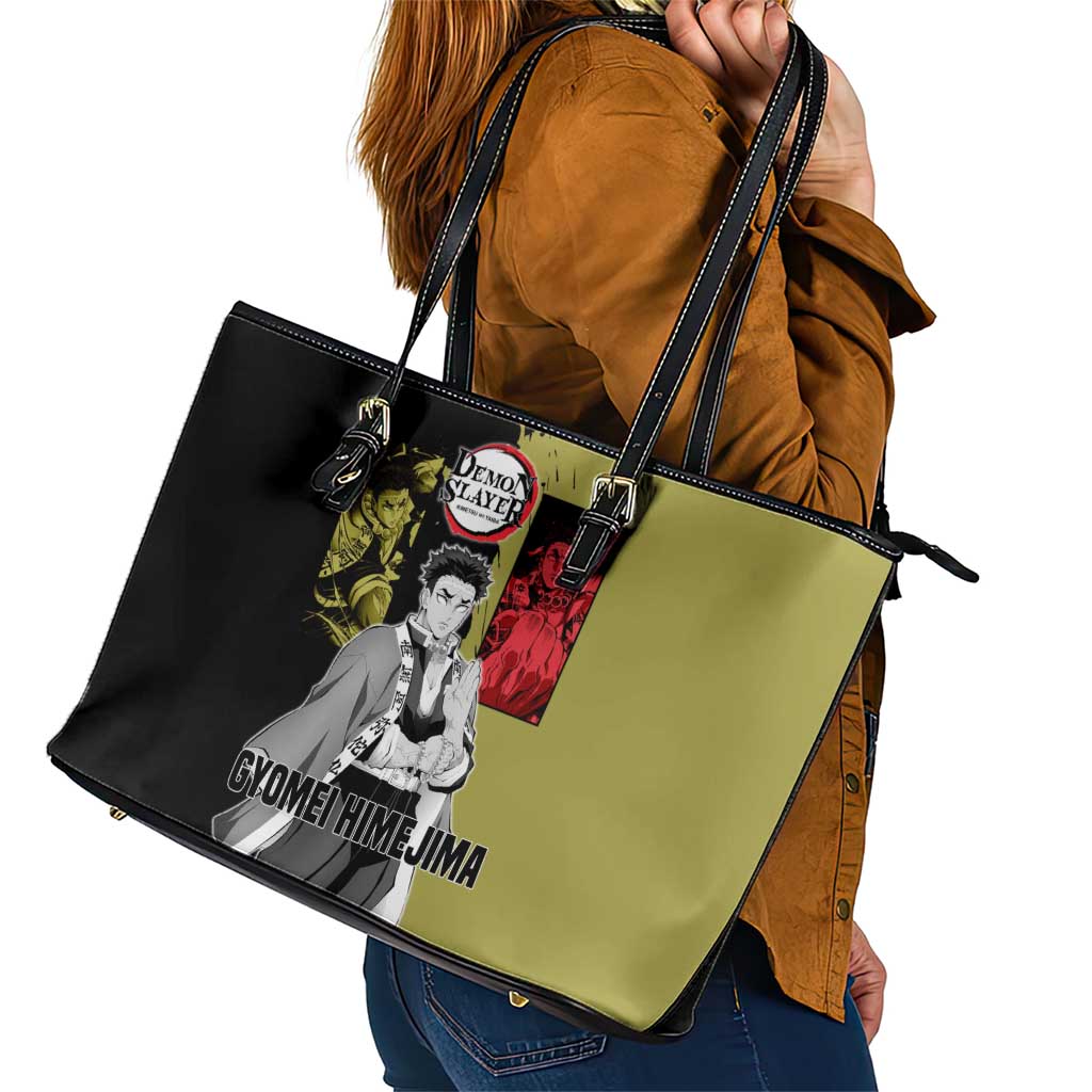 Gyomei Himejima from Demon Slayer Leather Tote Bag with Olive and Black Split Background and Prayer Pose Manga Style Design - The Mazicc