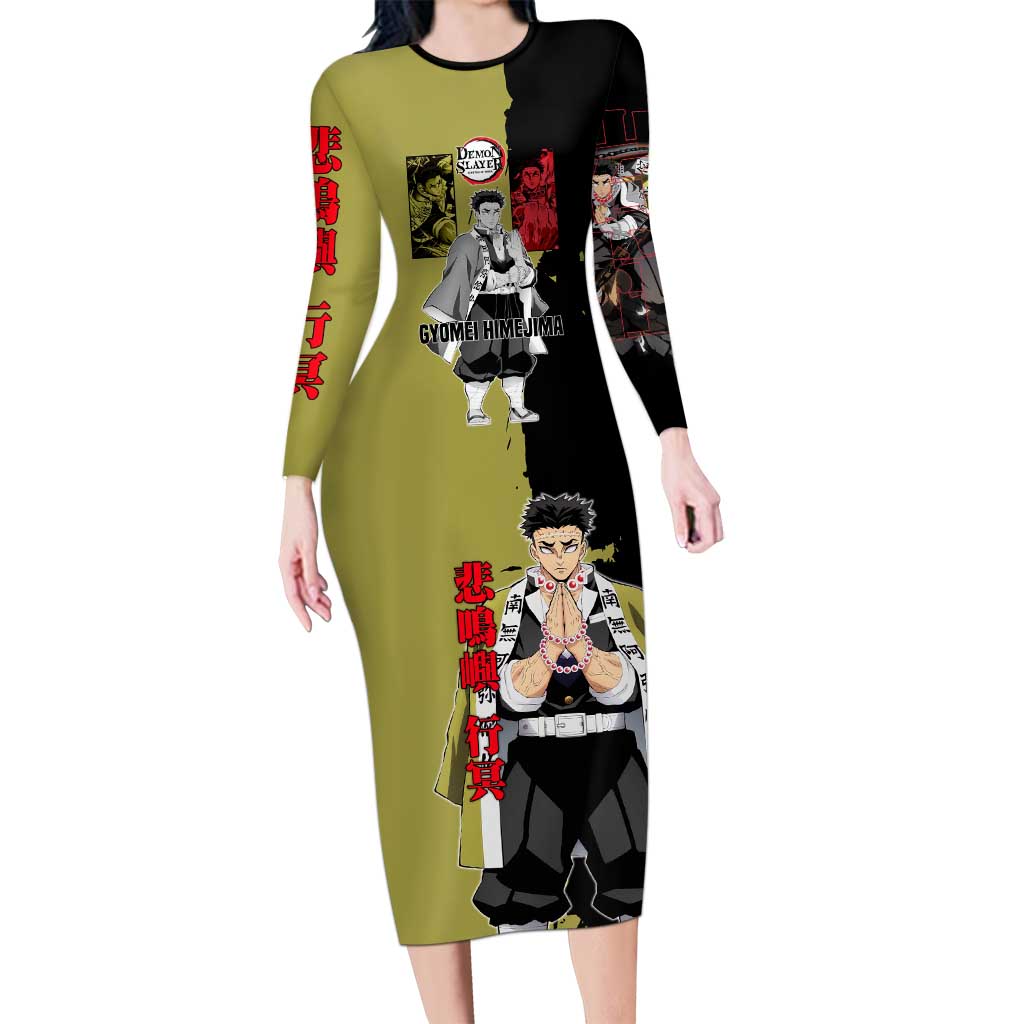 Gyomei Himejima from Demon Slayer Long Sleeve Bodycon Dress with Olive and Black Split Background and Prayer Pose Manga Style Design - The Mazicc
