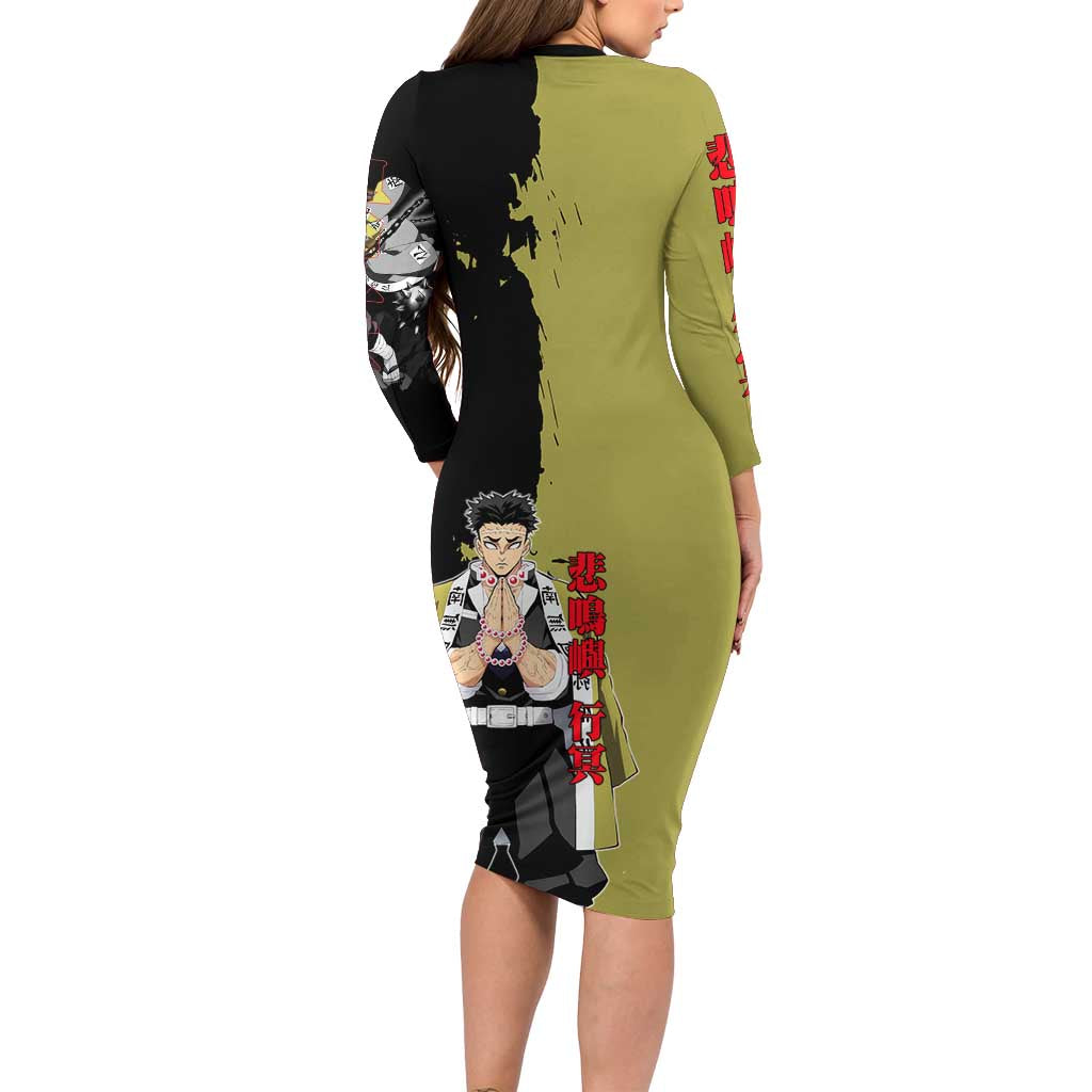 Gyomei Himejima from Demon Slayer Long Sleeve Bodycon Dress with Olive and Black Split Background and Prayer Pose Manga Style Design - The Mazicc
