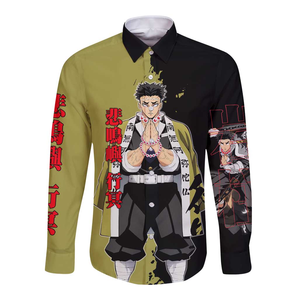 Gyomei Himejima from Demon Slayer Long Sleeve Button Shirt with Olive and Black Split Background and Prayer Pose Manga Style Design - The Mazicc