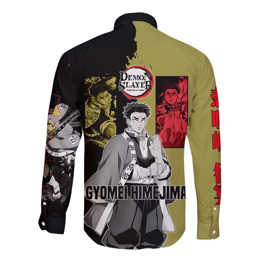 Gyomei Himejima from Demon Slayer Long Sleeve Button Shirt with Olive and Black Split Background and Prayer Pose Manga Style Design - The Mazicc