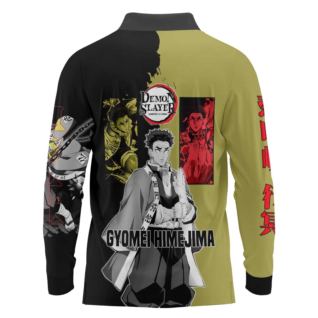 Gyomei Himejima from Demon Slayer Long Sleeve Polo Shirt with Olive and Black Split Background and Prayer Pose Manga Style Design - The Mazicc