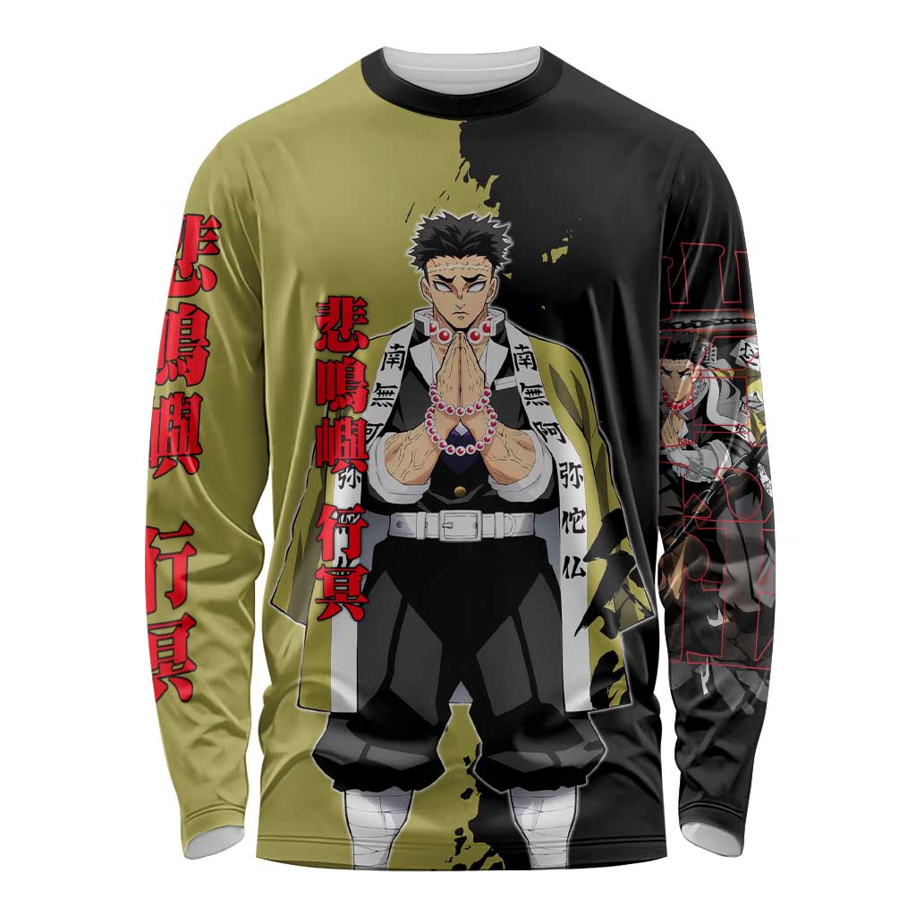 Gyomei Himejima from Demon Slayer Long Sleeve Shirt with Olive and Black Split Background and Prayer Pose Manga Style Design - The Mazicc