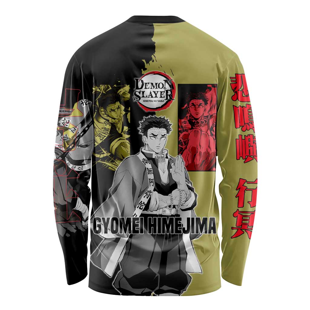 Gyomei Himejima from Demon Slayer Long Sleeve Shirt with Olive and Black Split Background and Prayer Pose Manga Style Design - The Mazicc