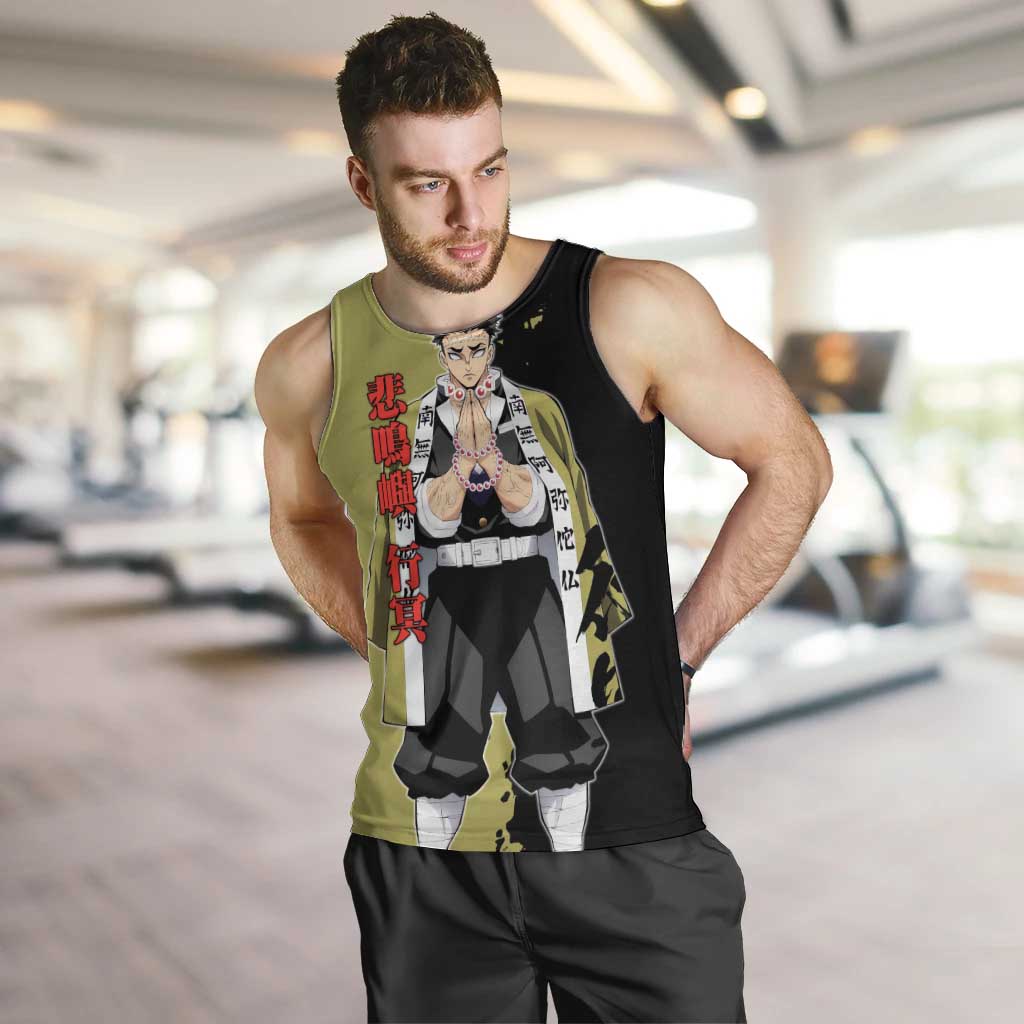 Gyomei Himejima from Demon Slayer Men Tank Top with Olive and Black Split Background and Prayer Pose Manga Style Design - The Mazicc