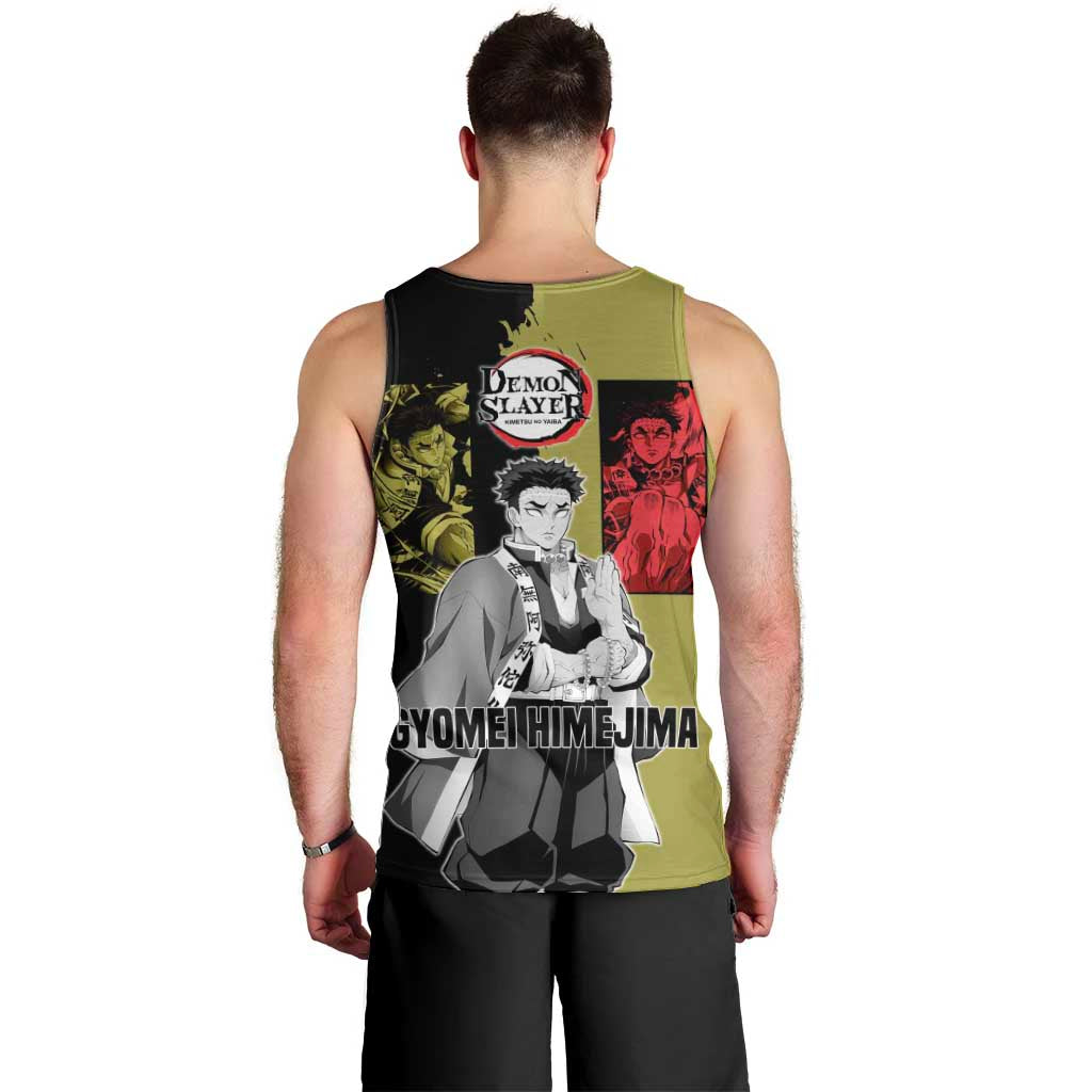 Gyomei Himejima from Demon Slayer Men Tank Top with Olive and Black Split Background and Prayer Pose Manga Style Design - The Mazicc