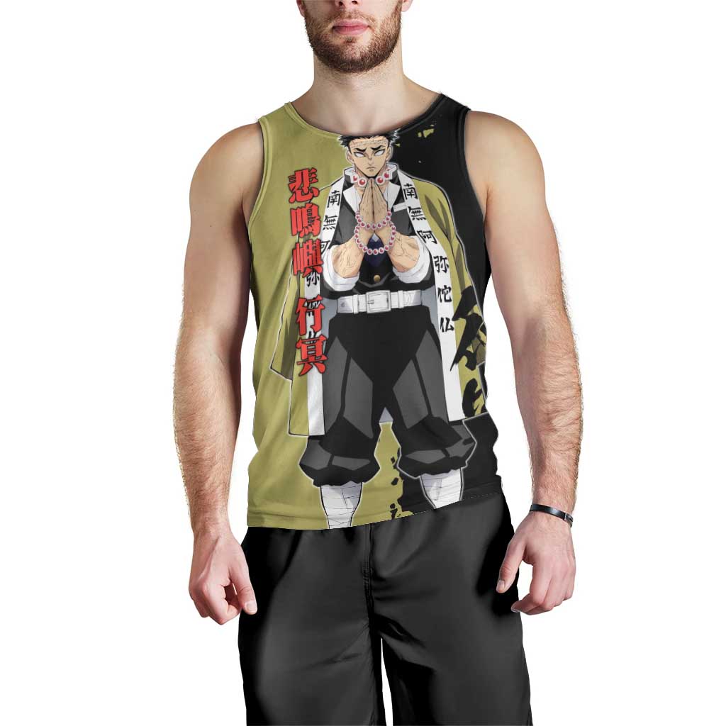 Gyomei Himejima from Demon Slayer Men Tank Top with Olive and Black Split Background and Prayer Pose Manga Style Design - The Mazicc