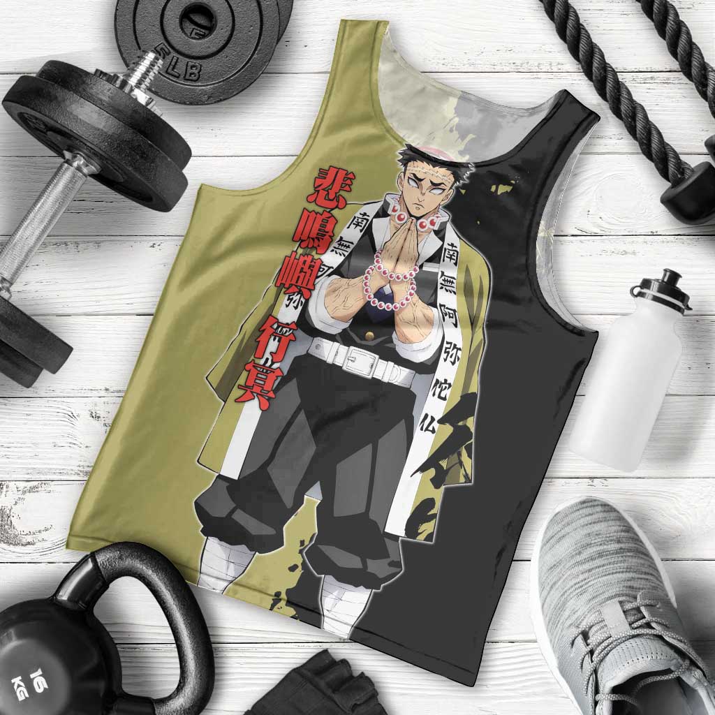 Gyomei Himejima from Demon Slayer Men Tank Top with Olive and Black Split Background and Prayer Pose Manga Style Design - The Mazicc