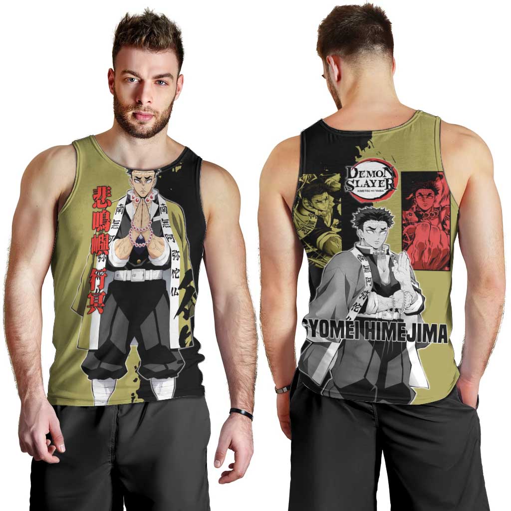 Gyomei Himejima from Demon Slayer Men Tank Top with Olive and Black Split Background and Prayer Pose Manga Style Design - The Mazicc