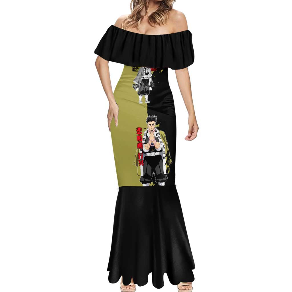 Gyomei Himejima from Demon Slayer Mermaid Dress with Olive and Black Split Background and Prayer Pose Manga Style Design - The Mazicc