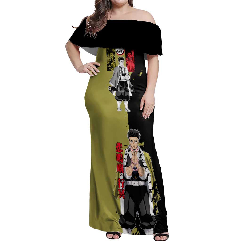Gyomei Himejima from Demon Slayer Off Shoulder Maxi Dress with Olive and Black Split Background and Prayer Pose Manga Style Design - The Mazicc