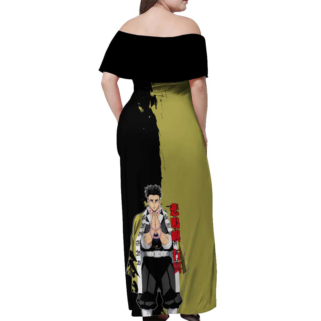 Gyomei Himejima from Demon Slayer Off Shoulder Maxi Dress with Olive and Black Split Background and Prayer Pose Manga Style Design - The Mazicc