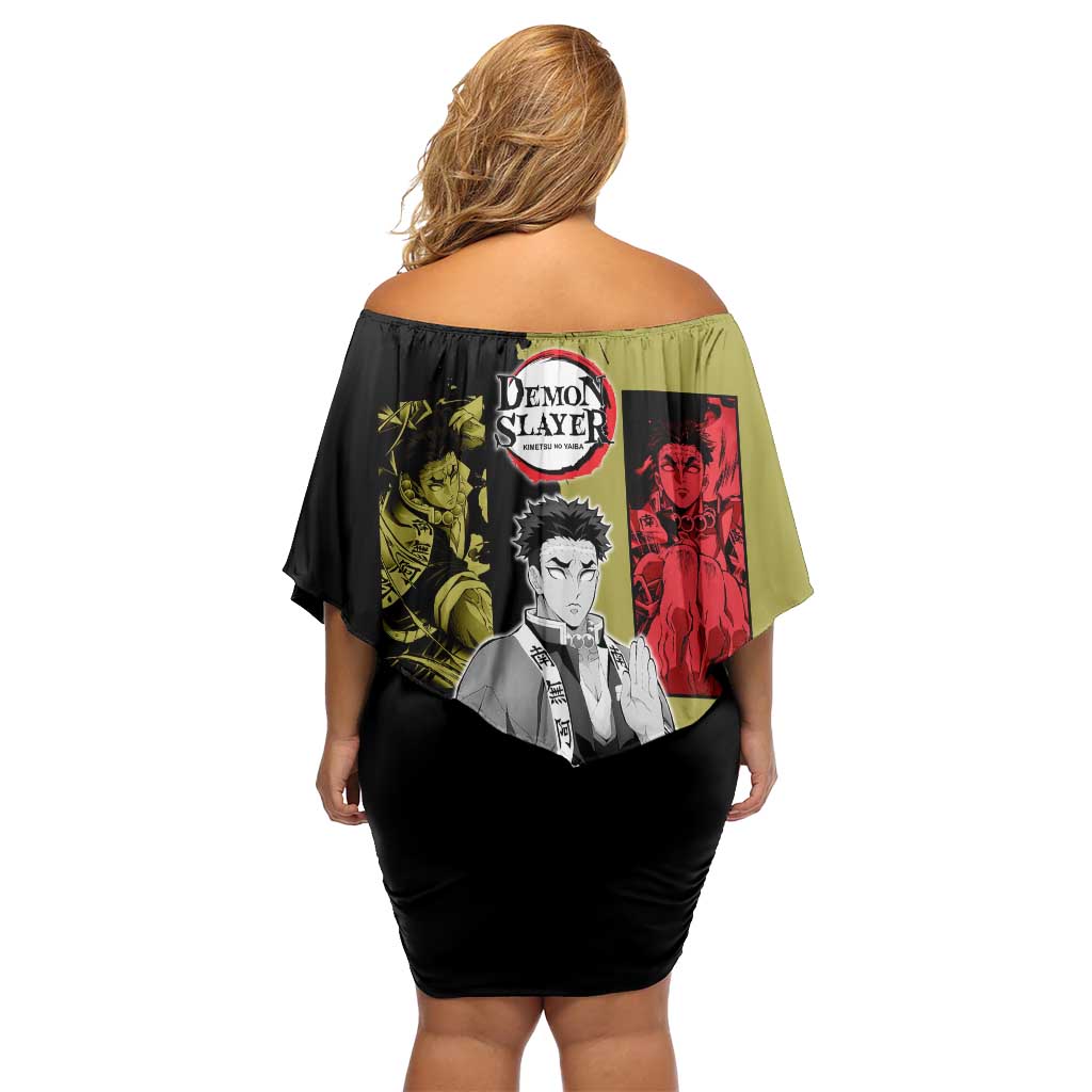 Gyomei Himejima from Demon Slayer Off Shoulder Short Dress with Olive and Black Split Background and Prayer Pose Manga Style Design - The Mazicc
