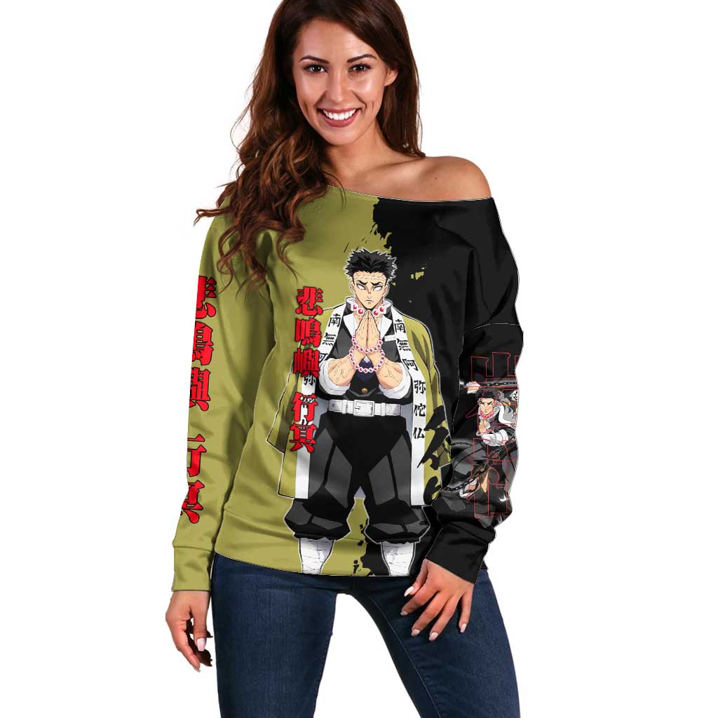 Gyomei Himejima from Demon Slayer Off Shoulder Sweater with Olive and Black Split Background and Prayer Pose Manga Style Design - The Mazicc
