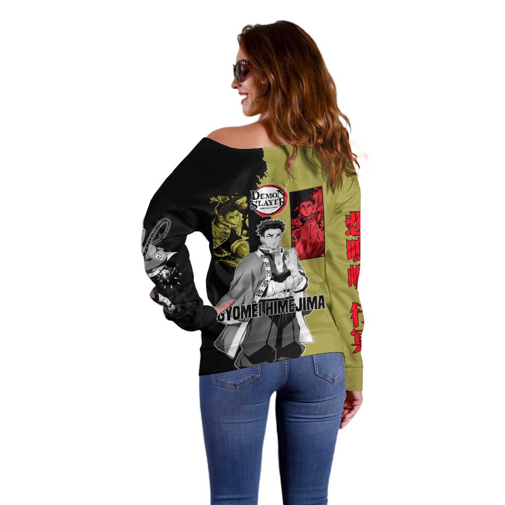 Gyomei Himejima from Demon Slayer Off Shoulder Sweater with Olive and Black Split Background and Prayer Pose Manga Style Design - The Mazicc