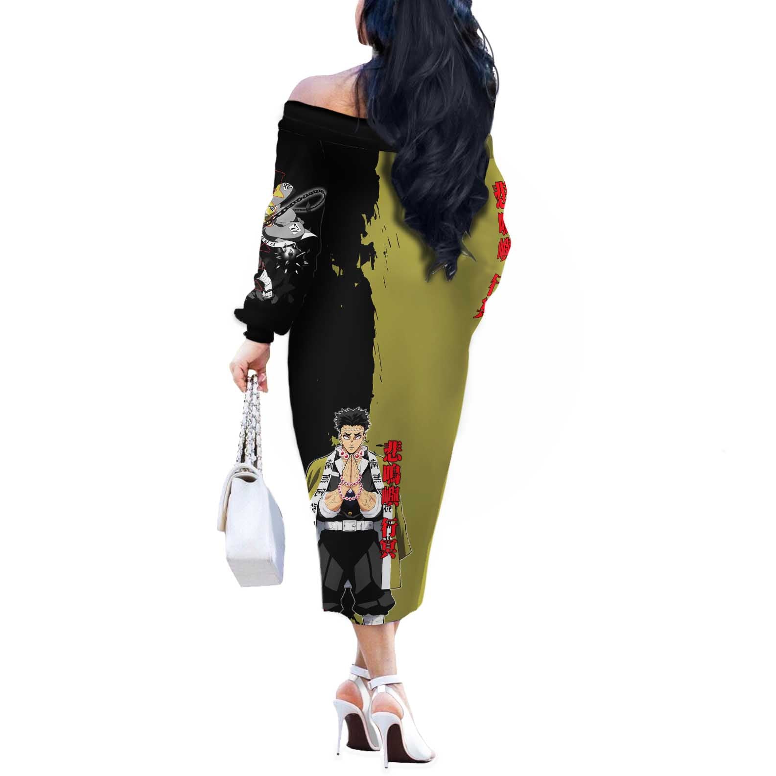 Gyomei Himejima from Demon Slayer Off The Shoulder Long Sleeve Dress with Olive and Black Split Background and Prayer Pose Manga Style Design - The Mazicc