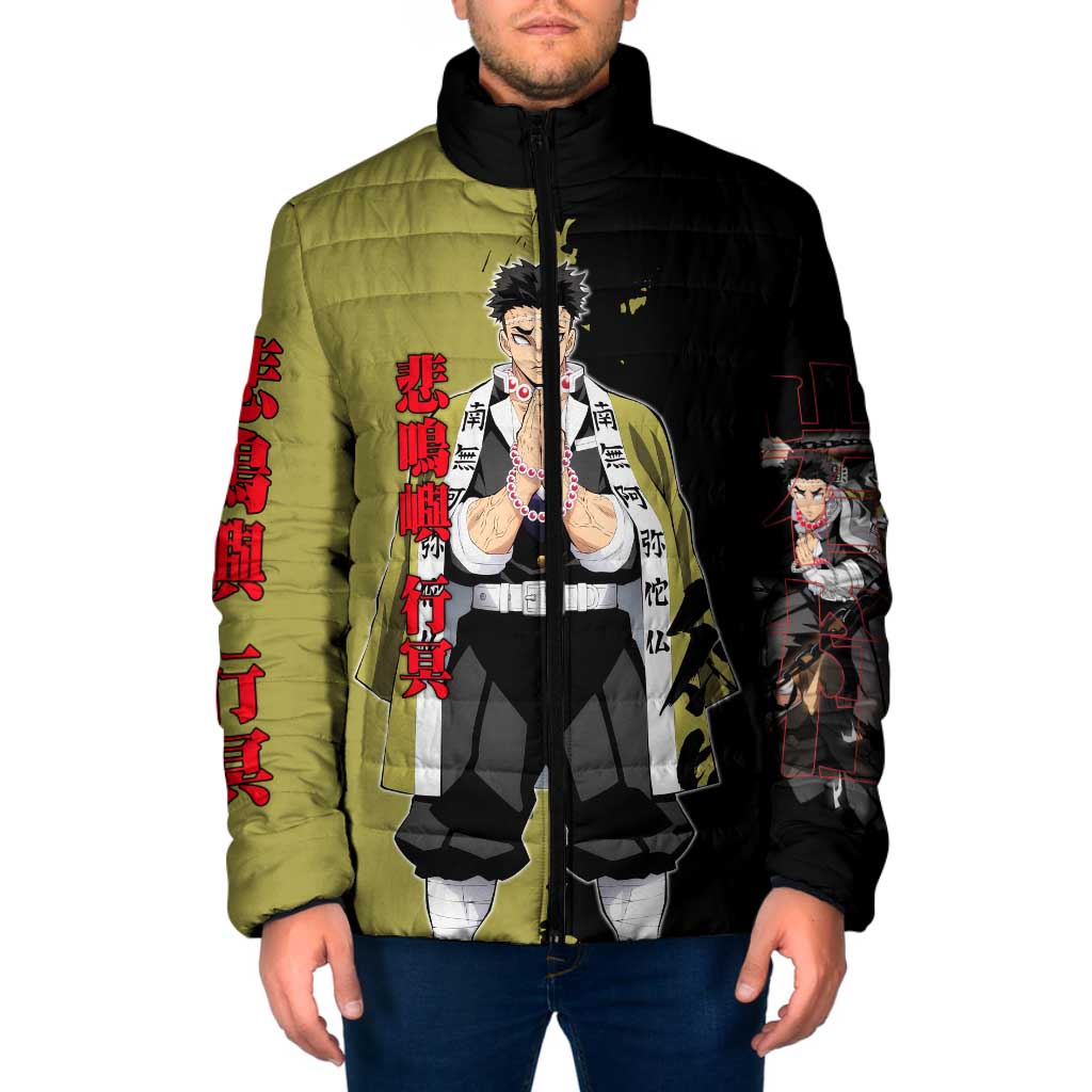 Gyomei Himejima from Demon Slayer Padded Jacket with Olive and Black Split Background and Prayer Pose Manga Style Design - The Mazicc