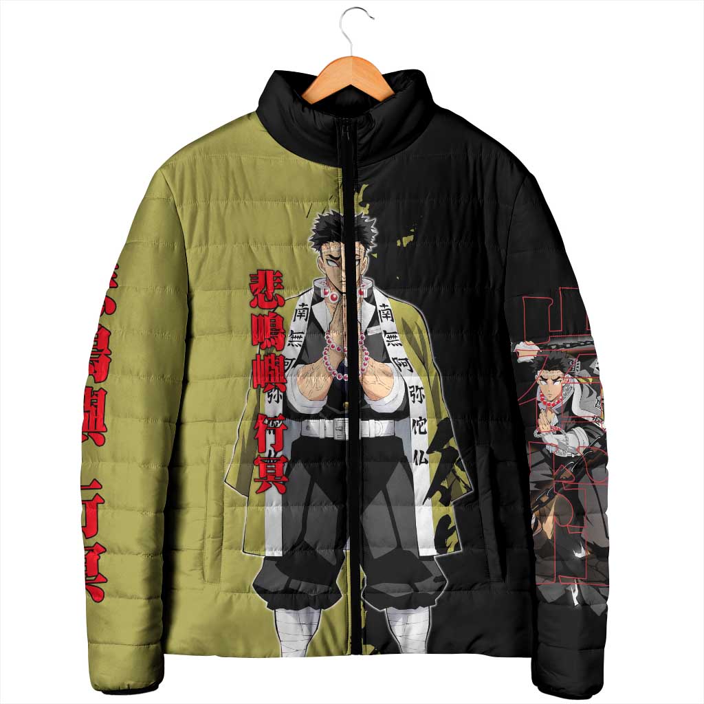 Gyomei Himejima from Demon Slayer Padded Jacket with Olive and Black Split Background and Prayer Pose Manga Style Design - The Mazicc