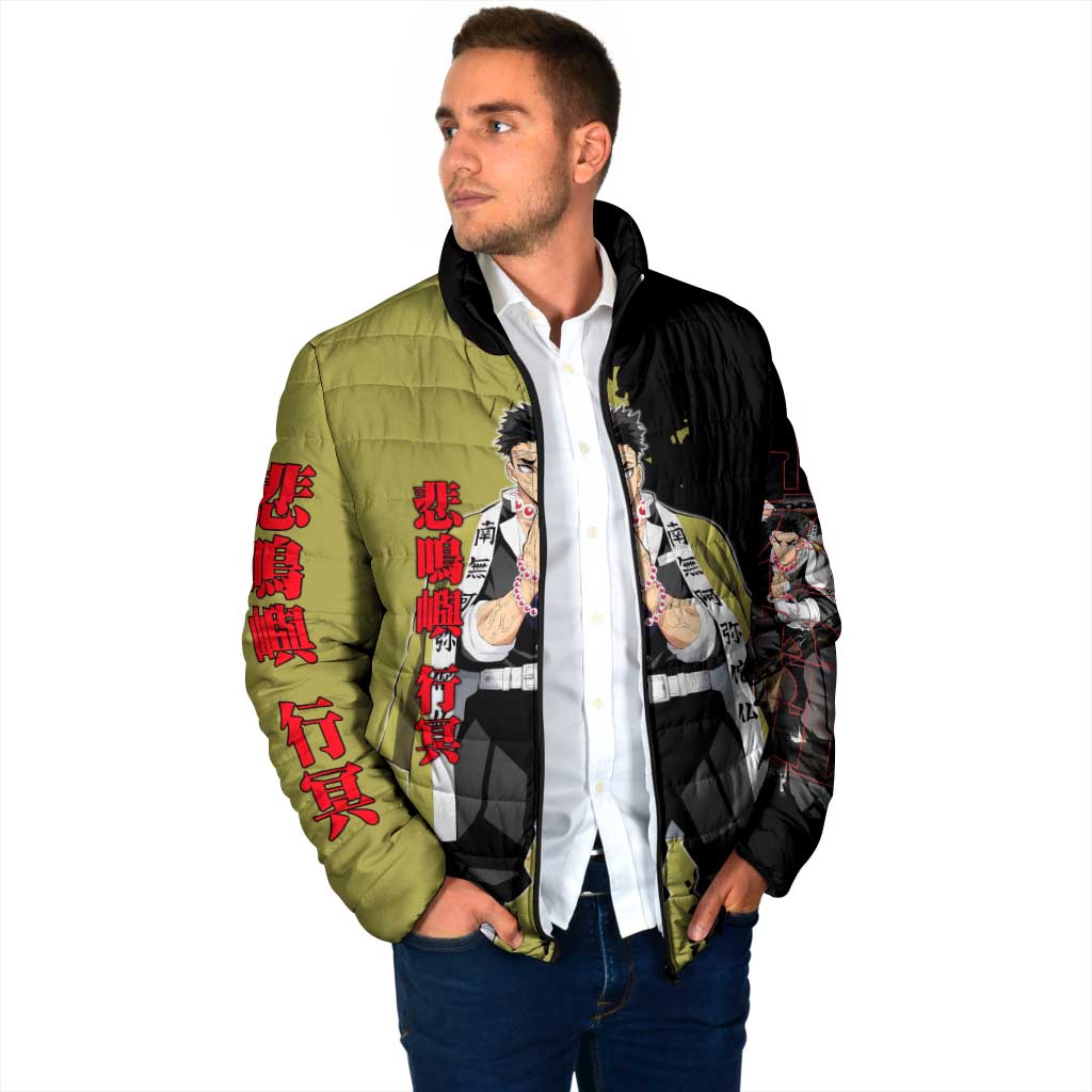 Gyomei Himejima from Demon Slayer Padded Jacket with Olive and Black Split Background and Prayer Pose Manga Style Design - The Mazicc