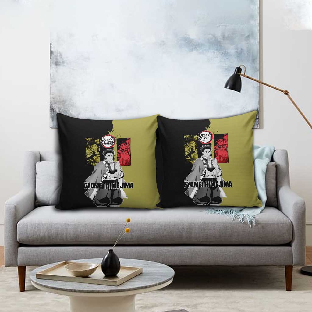 Gyomei Himejima from Demon Slayer Pillow Cover with Olive and Black Split Background and Prayer Pose Manga Style Design - The Mazicc