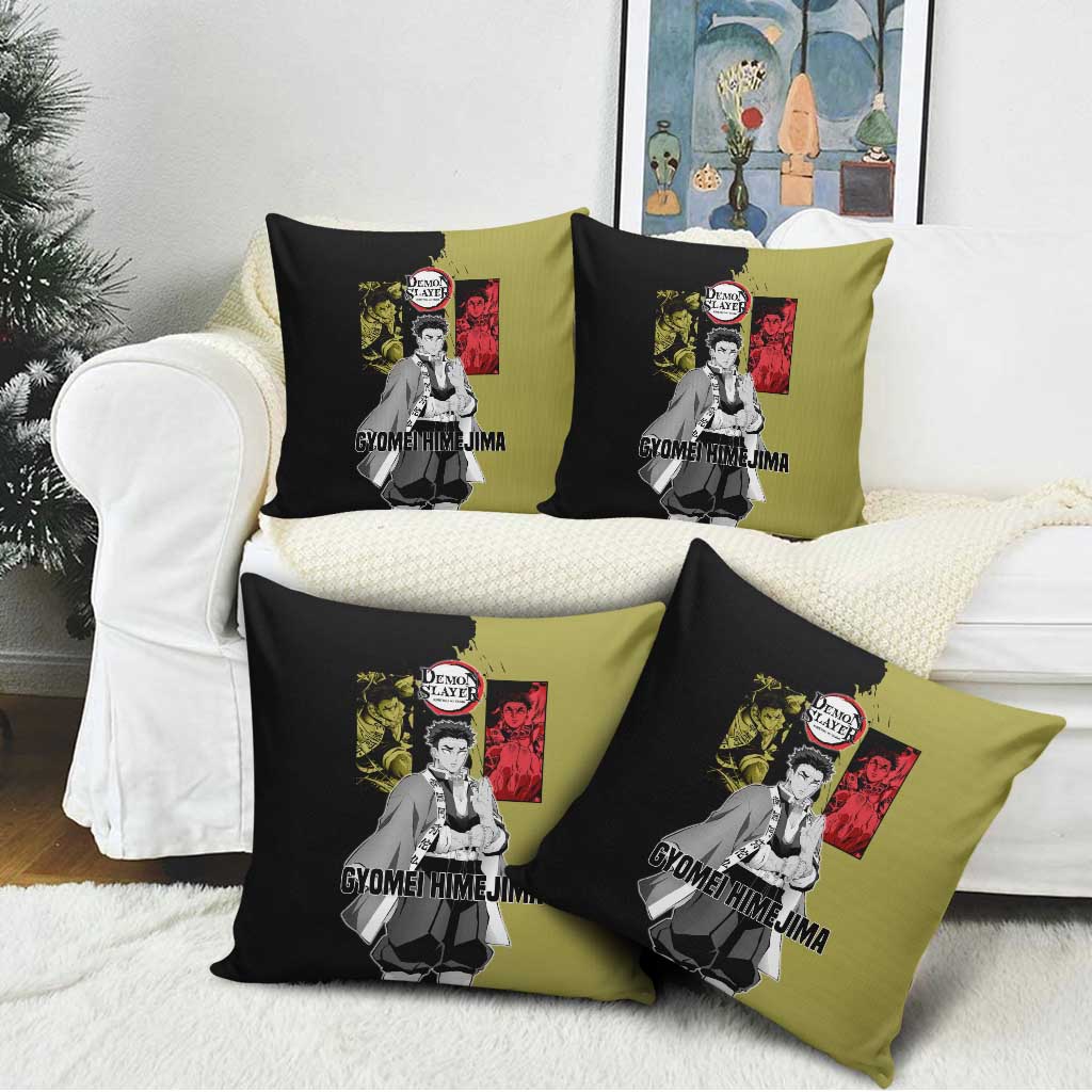 Gyomei Himejima from Demon Slayer Pillow Cover with Olive and Black Split Background and Prayer Pose Manga Style Design - The Mazicc