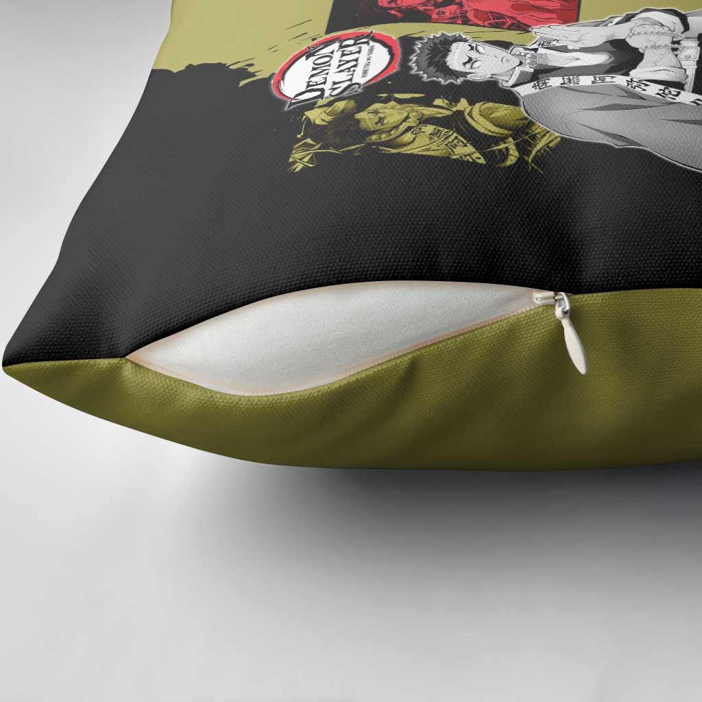 Gyomei Himejima from Demon Slayer Pillow Cover with Olive and Black Split Background and Prayer Pose Manga Style Design - The Mazicc
