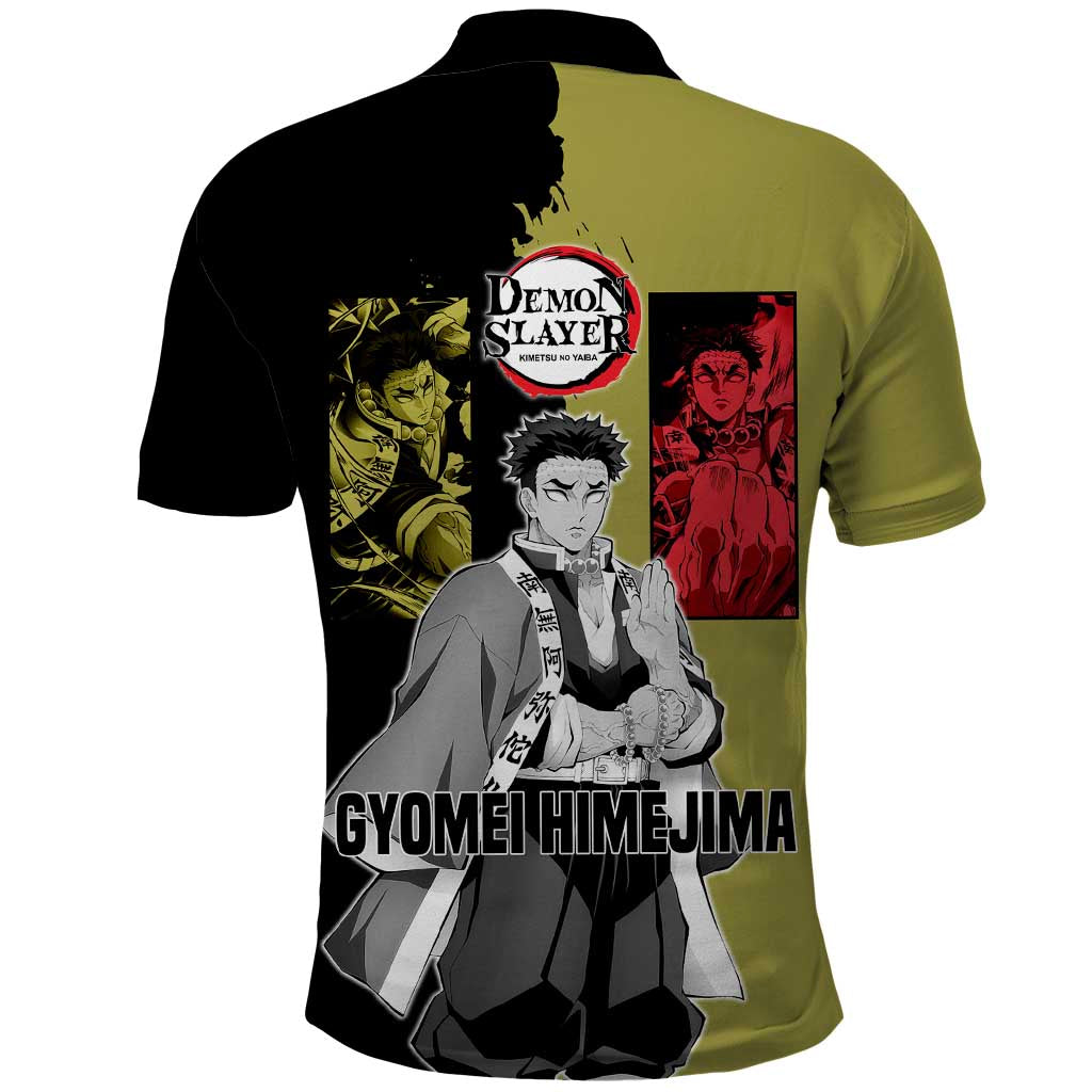Gyomei Himejima from Demon Slayer Polo Shirt with Olive and Black Split Background and Prayer Pose Manga Style Design - The Mazicc